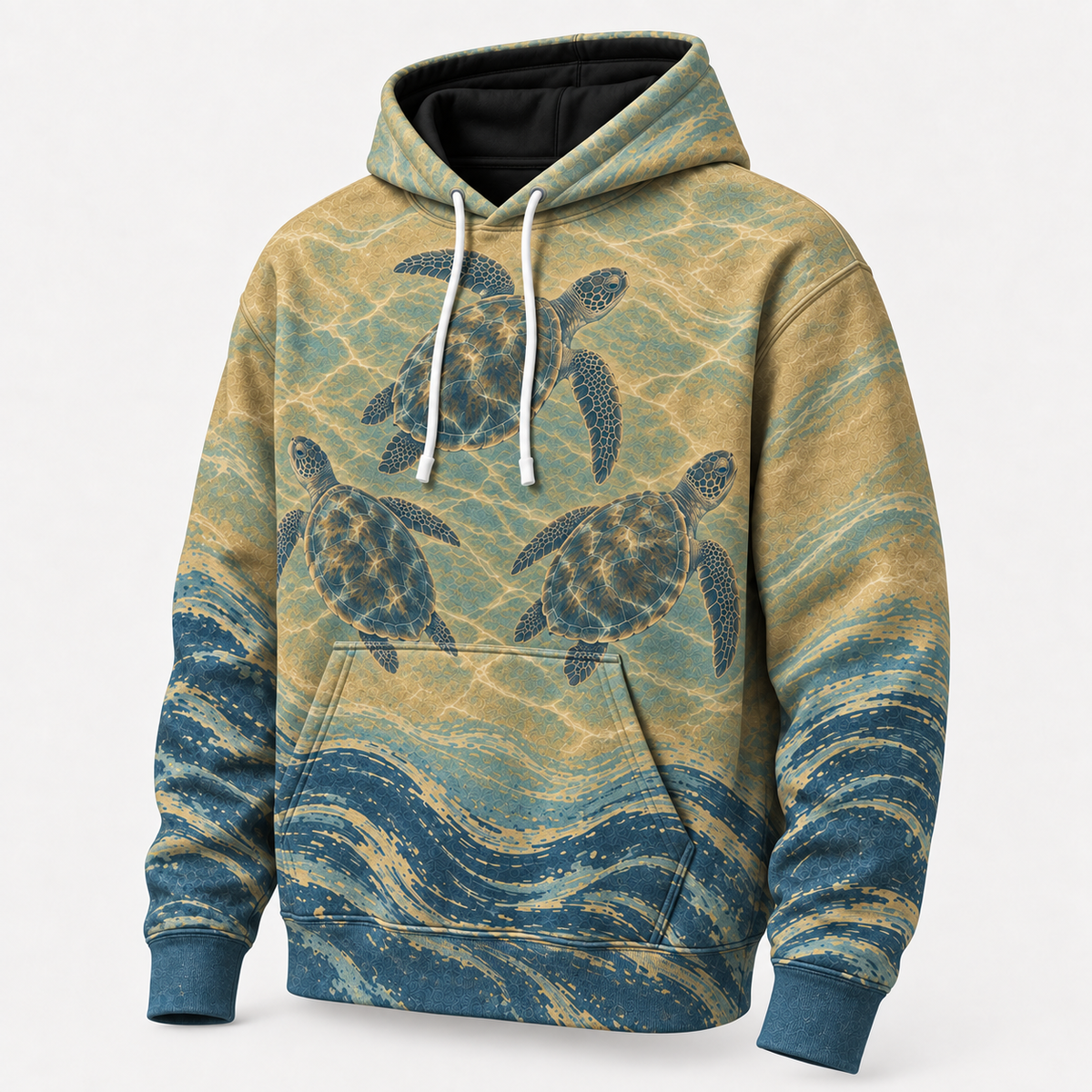 Golden Shoal Sea Turtle Hoodie — Sandy Blue Wave Print