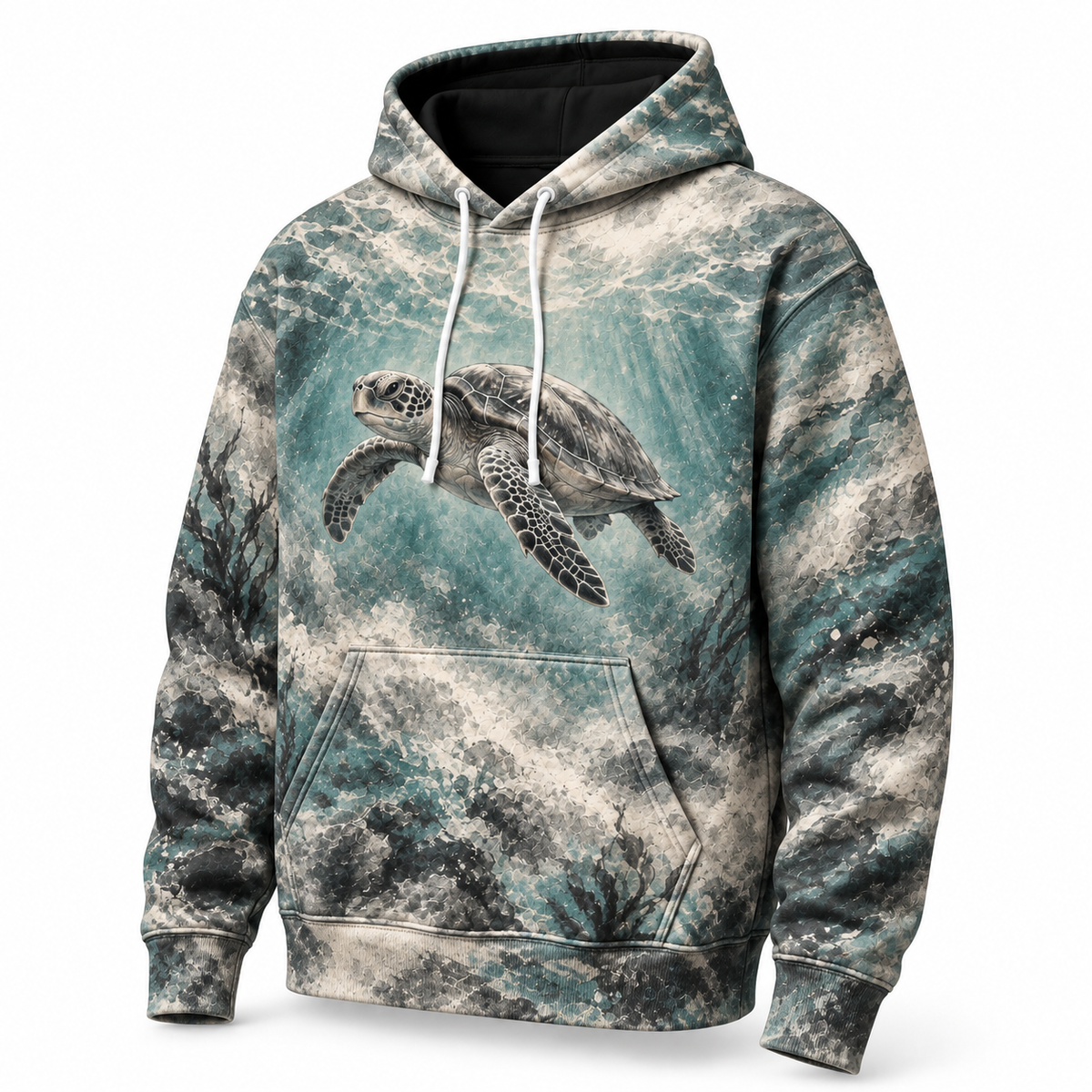 Graphite Drift Sea Turtle Hoodie — Charcoal Smudge Print