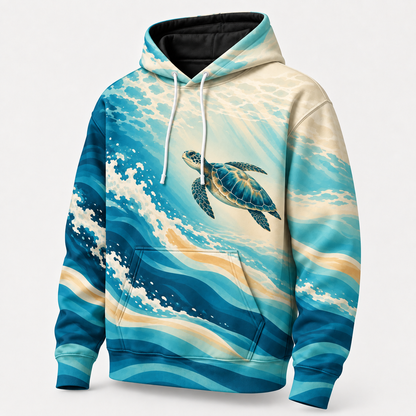 Sunlit Glide Sea Turtle Hoodie — Teal Ocean Wave Print