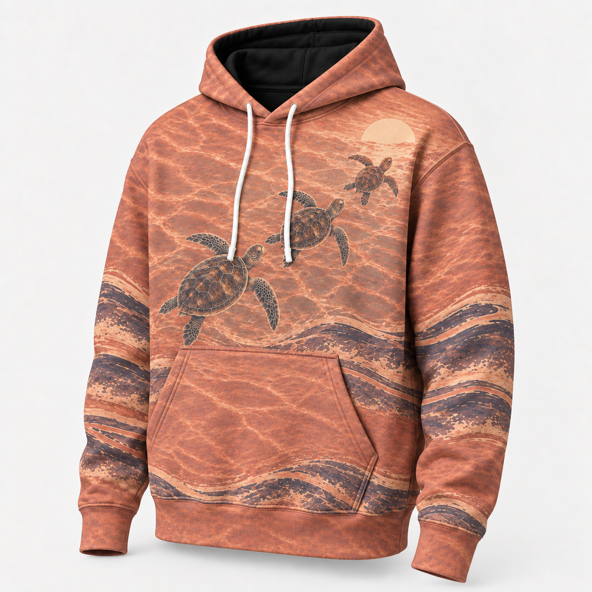 Amber Tide Sea Turtle Hoodie — Copper Sunset Wave Print