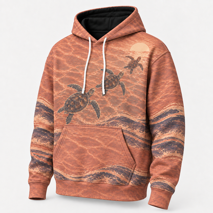 Amber Tide Sea Turtle Hoodie — Copper Sunset Wave Print