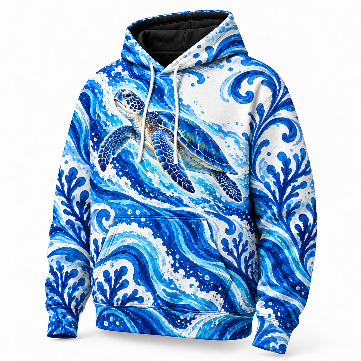 Aegean Currents Sea Turtle Hoodie — Cobalt Ceramic-Inspired Wave Print