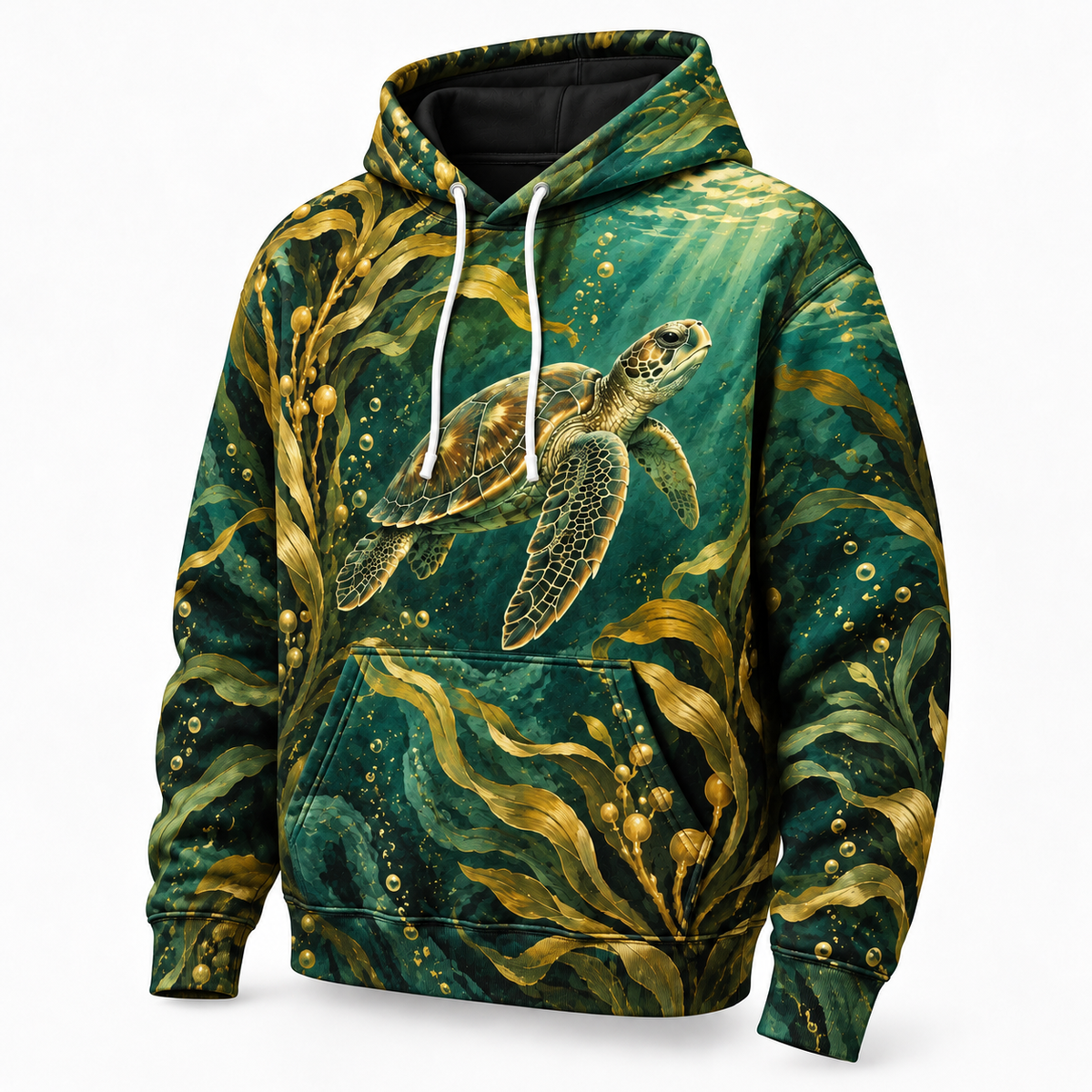 Golden Kelp Passage Sea Turtle Hoodie — Art Nouveau Kelp Print