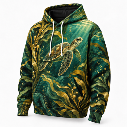 Golden Kelp Passage Sea Turtle Hoodie — Art Nouveau Kelp Print