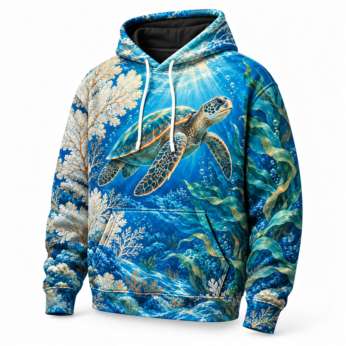 Oceanic Tapestry Sea Turtle Hoodie — Blue Coral and Kelp Print