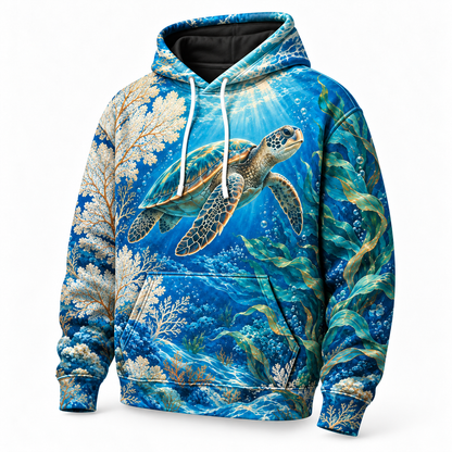 Oceanic Tapestry Sea Turtle Hoodie — Blue Coral and Kelp Print