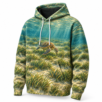 Seagrass Grazer Sea Turtle Hoodie — Coastal Meadow Print