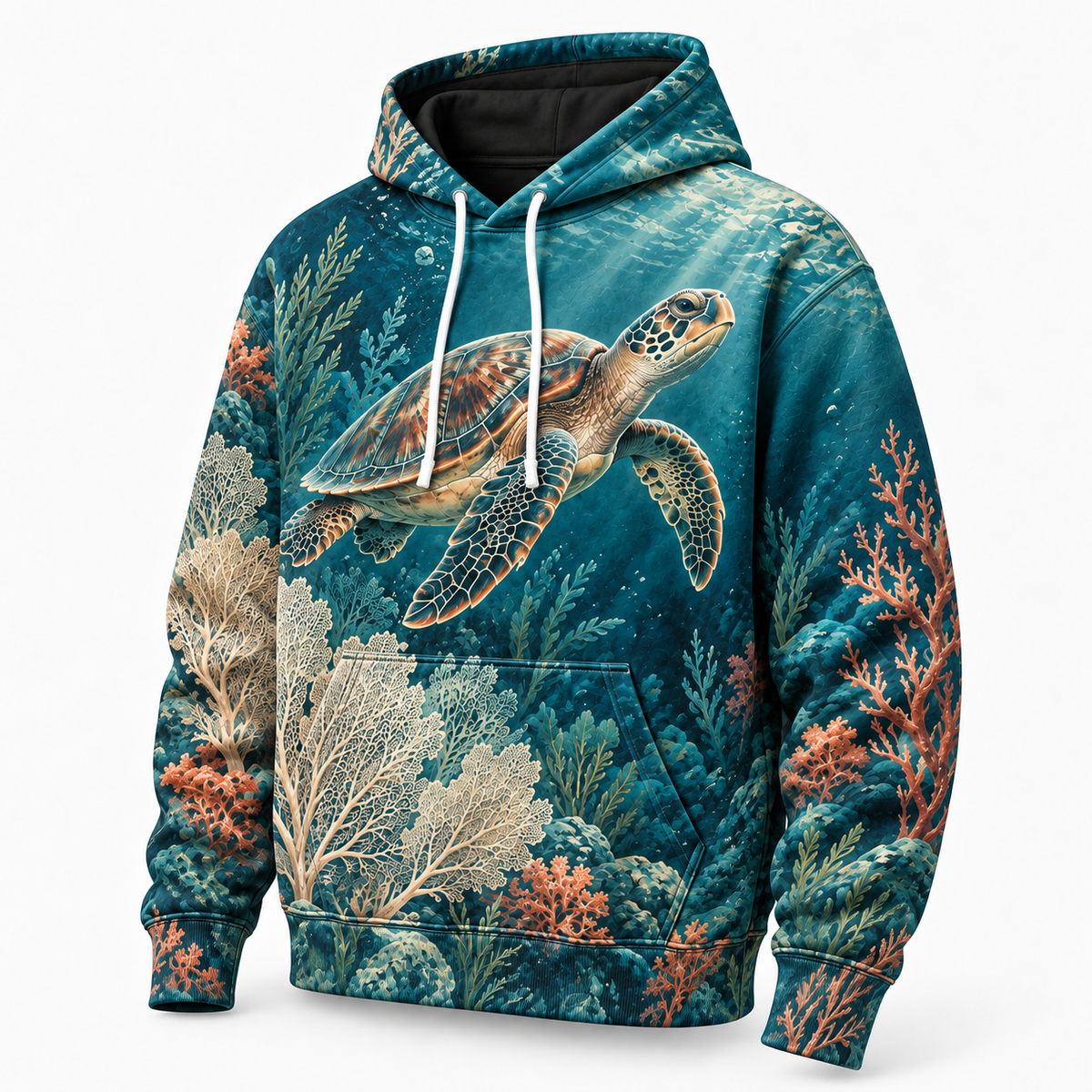 Abyssal Bloom Sea Turtle Hoodie — Coral Reef All-Over Print