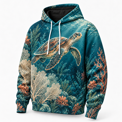 Abyssal Bloom Sea Turtle Hoodie — Coral Reef All-Over Print