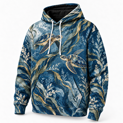 Indigo Kelp Waltz Sea Turtle Hoodie — Indigo Botanical Kelp Print
