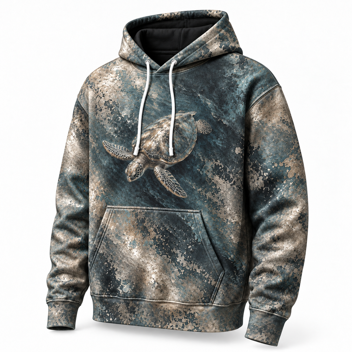 Tarnished Silver Sea Turtle Hoodie — Aged Silver Relief Print