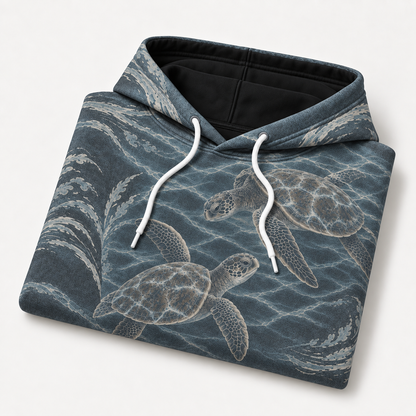 Stormy Deep Sea Turtle Hoodie — Slate Grey Wave Print