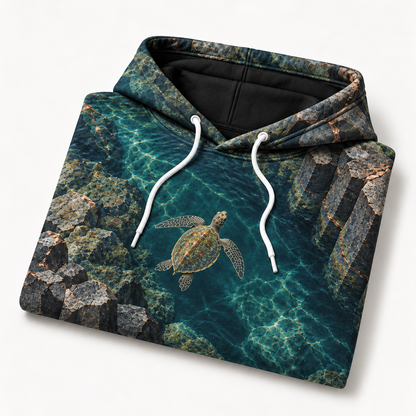 Basalt Aperture Sea Turtle Hoodie — Volcanic Stone Print