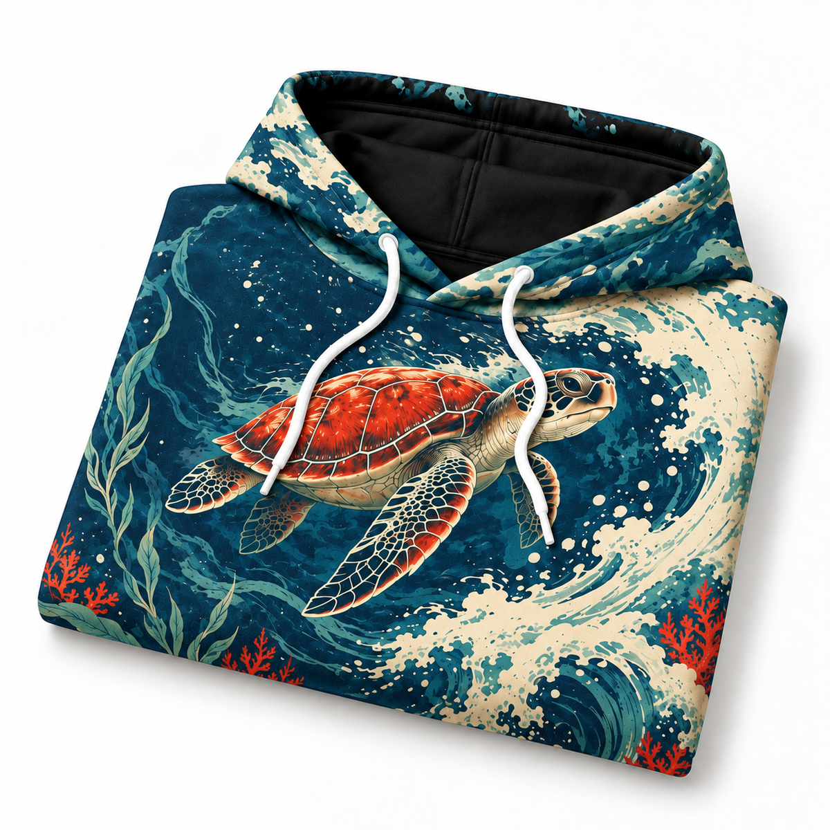 Vermilion Undertow Sea Turtle Hoodie — Red and Navy Wave Print
