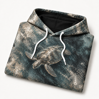 Tarnished Silver Sea Turtle Hoodie — Aged Silver Relief Print