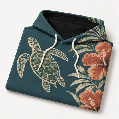 Hibiscus Dusk Sea Turtle Hoodie – Teal Tropical Floral Print
