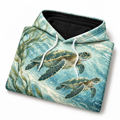 Lagoon Silk Sea Turtle Hoodie — Soft Green Ocean Print