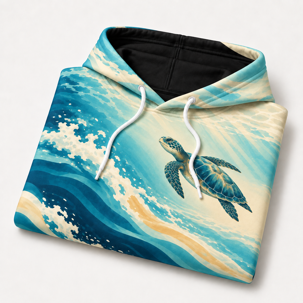 Sunlit Glide Sea Turtle Hoodie — Teal Ocean Wave Print