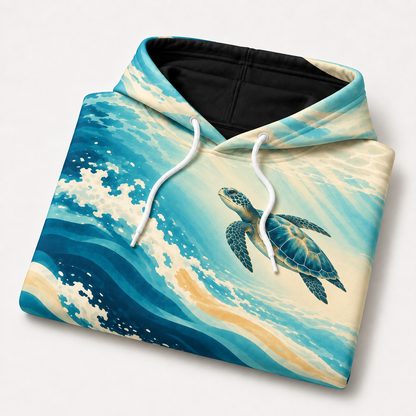 Sunlit Glide Sea Turtle Hoodie — Teal Ocean Wave Print