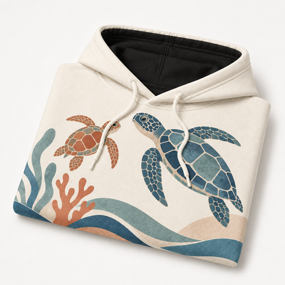 Coastal Cut Paper Sea Turtle Hoodie – Modern Reef Collage Print