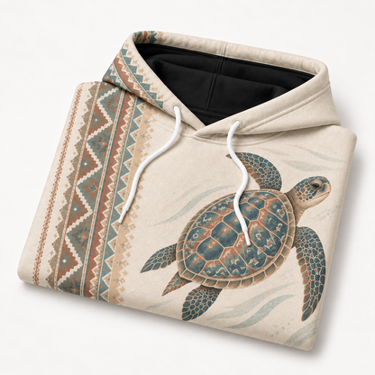 Coastal Loom Sea Turtle Hoodie — Vintage Geometric Print