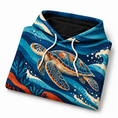 Pacific Rhythm Sea Turtle Hoodie — Graphic Ocean Wave Print