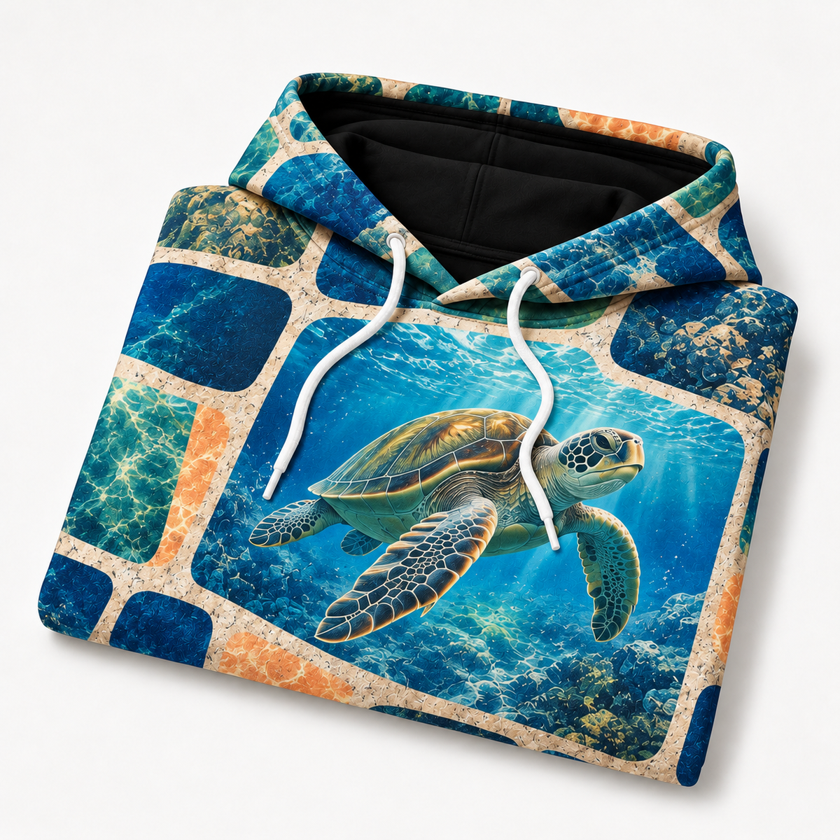 Offset Grid Sea Turtle Hoodie — Broken Lattice Print