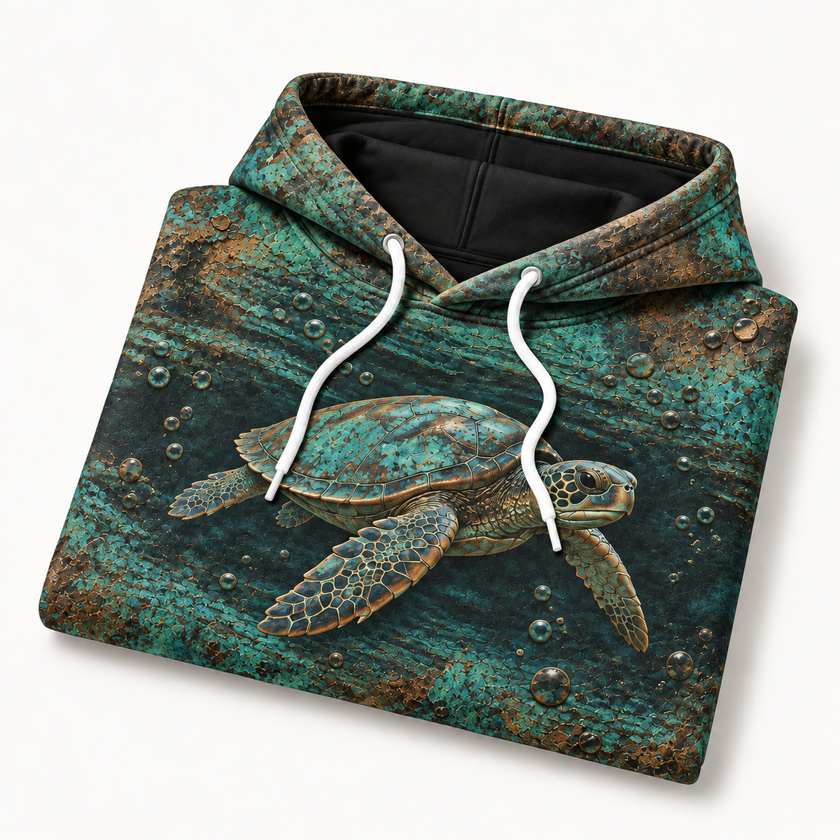 Verdigris Passage Sea Turtle Hoodie — Patina Relief Print