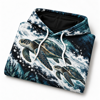 Inkfoam Voyage Sea Turtle Hoodie — Black and White Ocean Wave Print