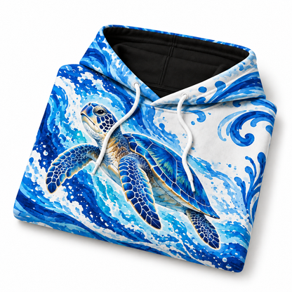 Aegean Currents Sea Turtle Hoodie — Cobalt Ceramic-Inspired Wave Print