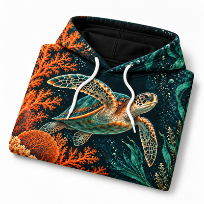 Midnight Coral Opera Sea Turtle Hoodie — Orange Coral Botanical Print