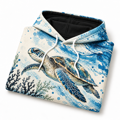 Cerulean Coral Ink Sea Turtle Hoodie — Blue Coral Ink Print