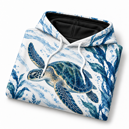 Porcelain Kelp Study Sea Turtle Hoodie — Blue and White Kelp Print