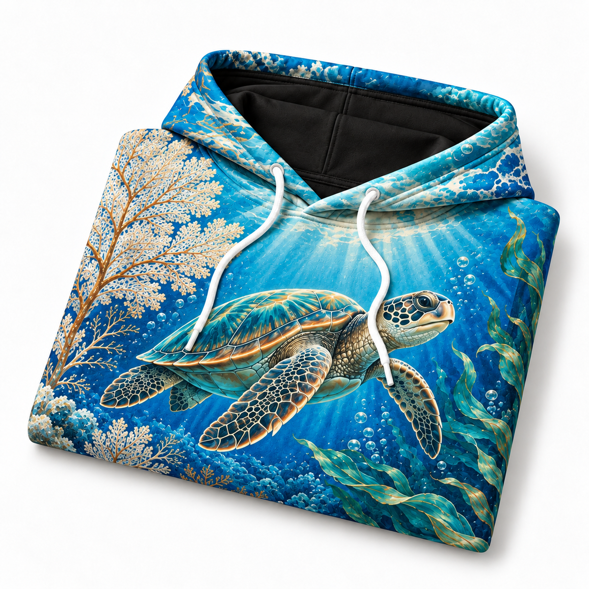 Oceanic Tapestry Sea Turtle Hoodie — Blue Coral and Kelp Print