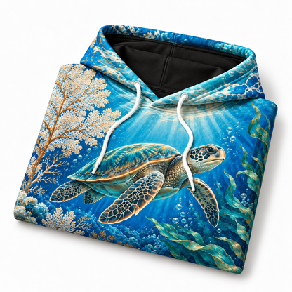 Oceanic Tapestry Sea Turtle Hoodie — Blue Coral and Kelp Print