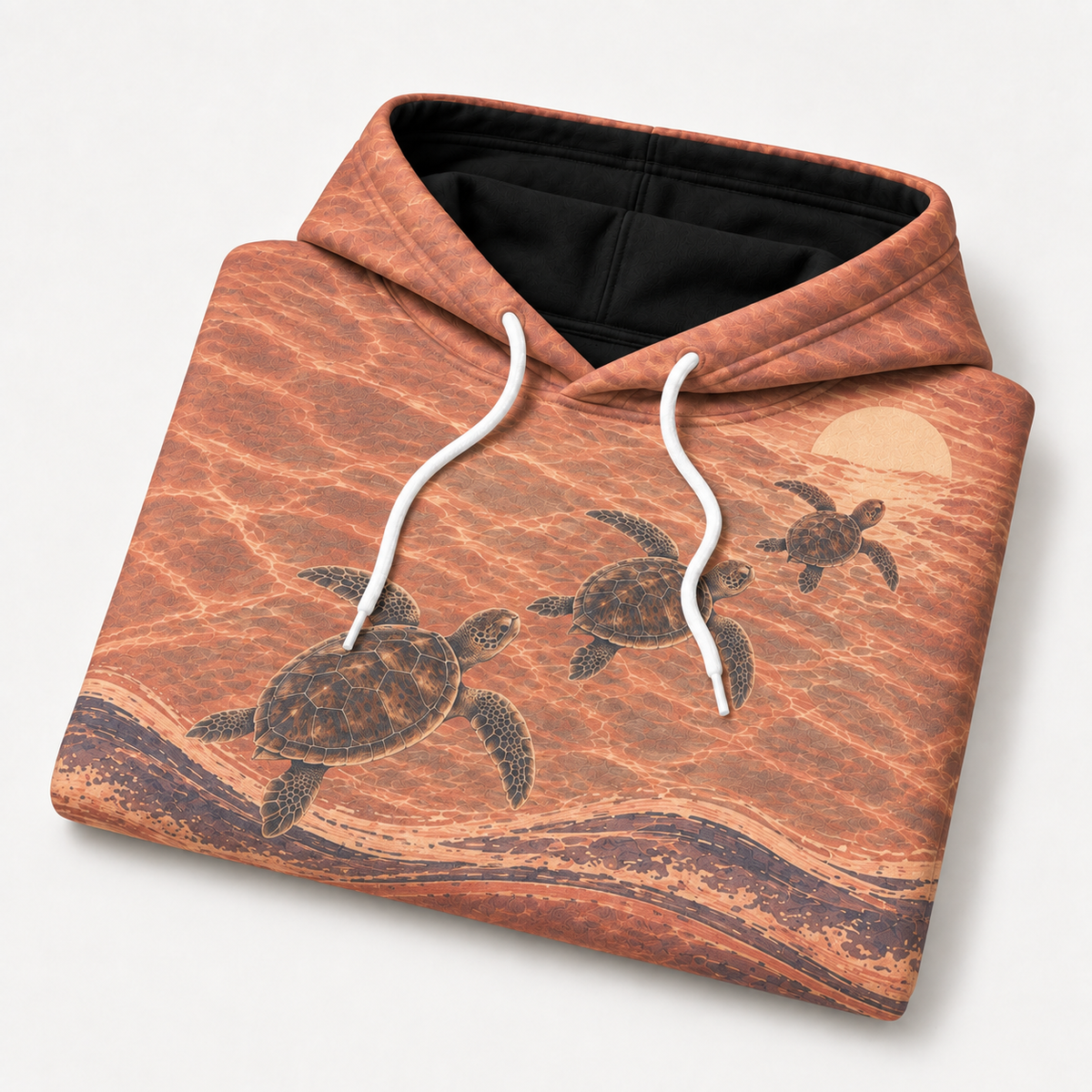 Amber Tide Sea Turtle Hoodie — Copper Sunset Wave Print