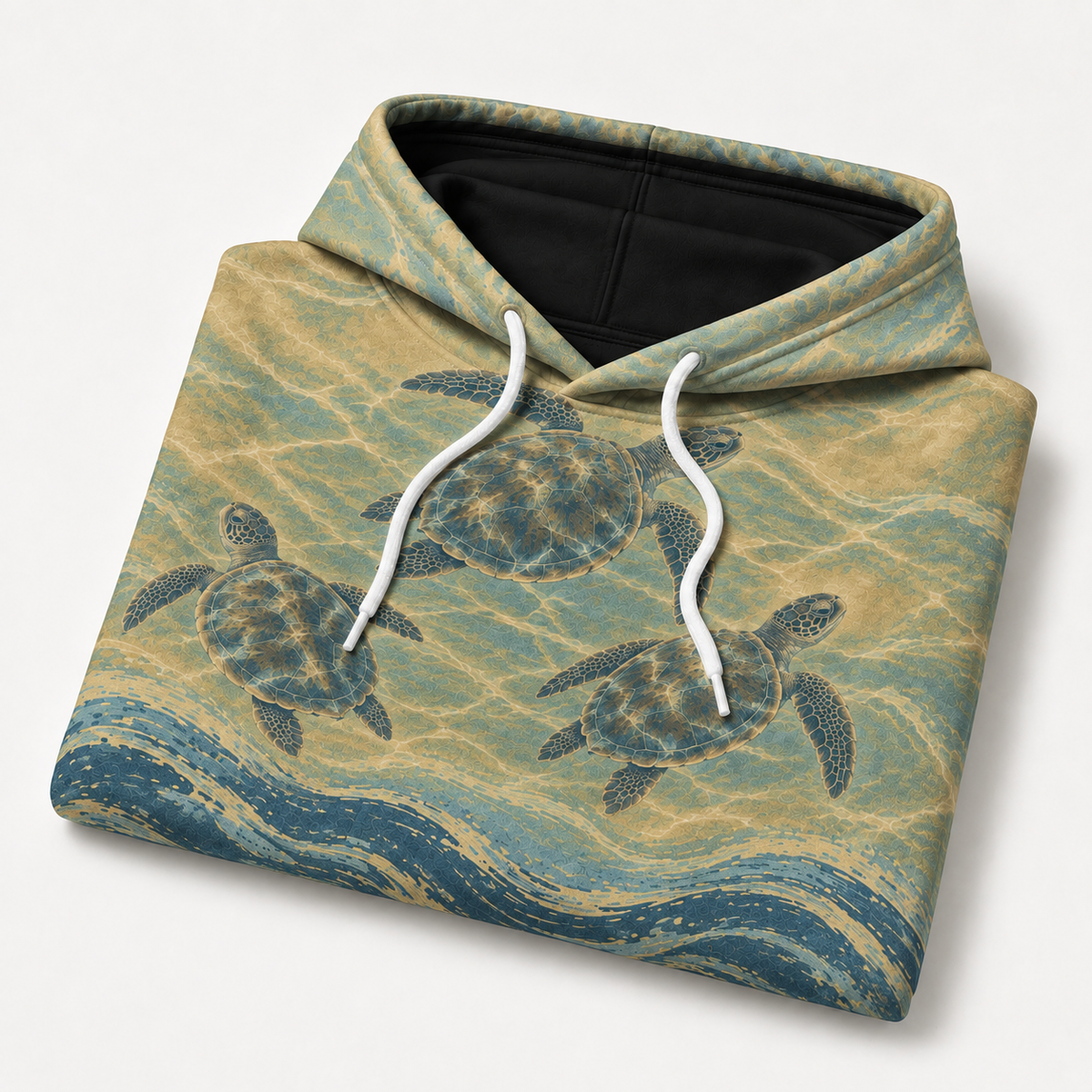Golden Shoal Sea Turtle Hoodie — Sandy Blue Wave Print