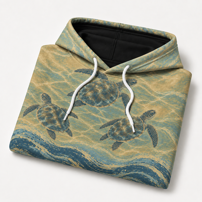 Golden Shoal Sea Turtle Hoodie — Sandy Blue Wave Print