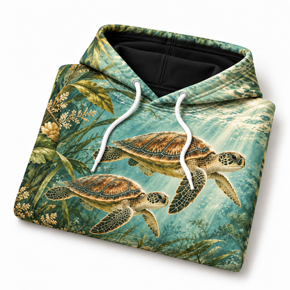 Cypress Estuary Sea Turtle Hoodie — Vintage Green Seagrass Print