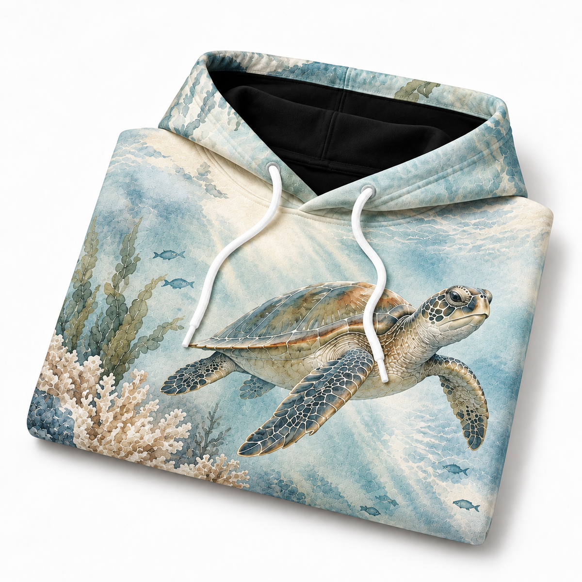 Misty Reef Haven Sea Turtle Hoodie — Soft Sage Watercolor Reef Print