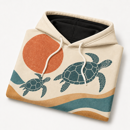 Terracotta Tides Sea Turtle Hoodie – Retro Sunset Wave Print