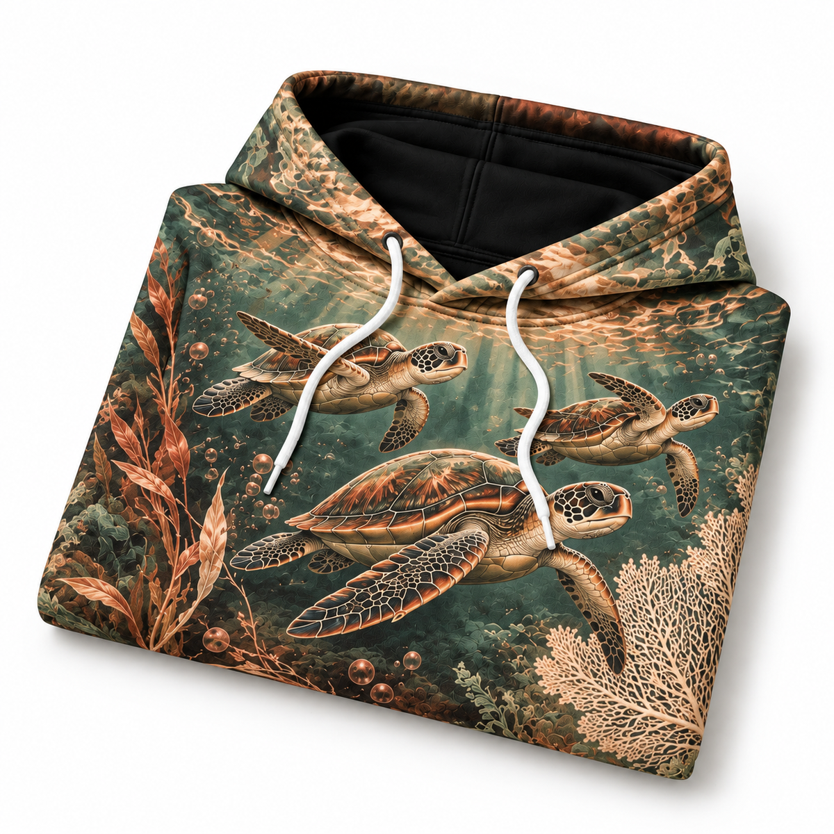 Tidal Copper Garden Sea Turtle Hoodie — Copper Botanical Reef Print