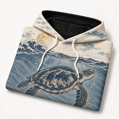 Moonlit Passage Sea Turtle Hoodie – Vintage Underwater Wave Print
