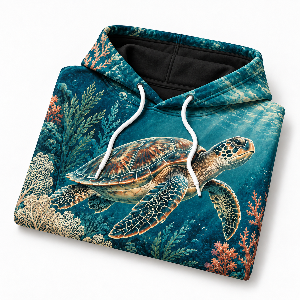 Abyssal Bloom Sea Turtle Hoodie — Coral Reef All-Over Print