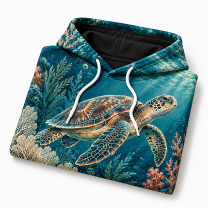 Abyssal Bloom Sea Turtle Hoodie — Coral Reef All-Over Print