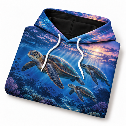 Blue Hour Migration Sea Turtle Hoodie — Twilight Ocean Print