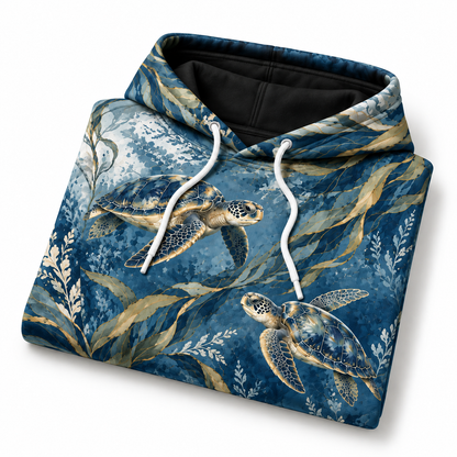 Indigo Kelp Waltz Sea Turtle Hoodie — Indigo Botanical Kelp Print