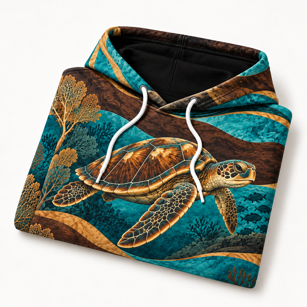 Reef Marquetry Sea Turtle Hoodie — Turquoise Woodcut-Inspired Print