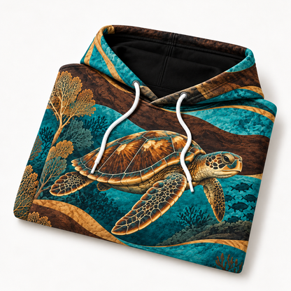 Reef Marquetry Sea Turtle Hoodie — Turquoise Woodcut-Inspired Print
