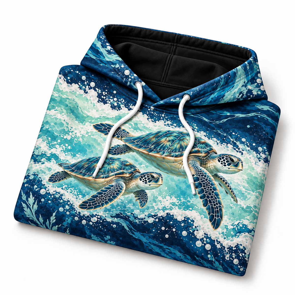 Foamline Run Sea Turtle Hoodie — Navy and Seafoam Wave Print